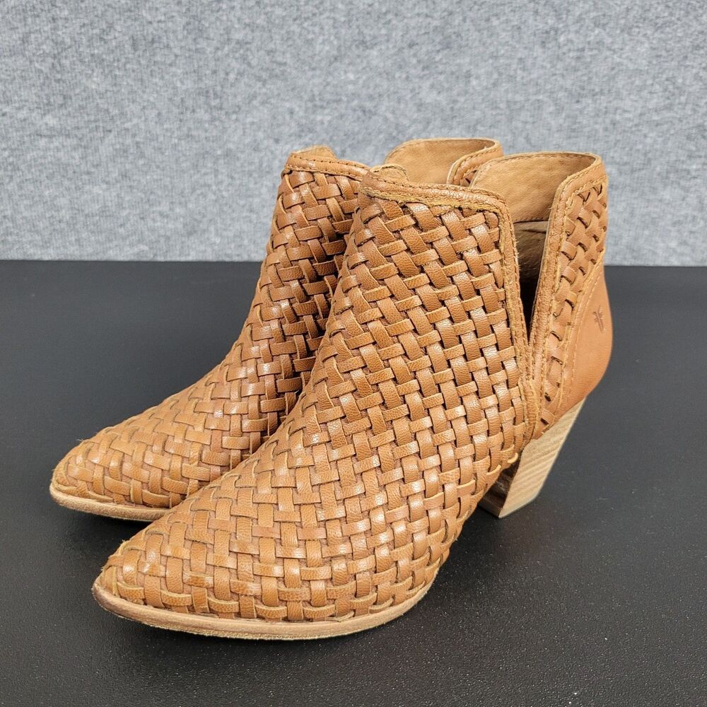 Frye Cognac Brown Reed Woven Leather Cutout Ankle Boots Chunky Booties SIZE 7